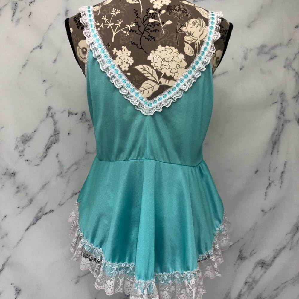 Vintage Glencraft Aqua Blue Lace Peplum Chemise Camisole Tank Lingerie Top - Picture 10 of 13